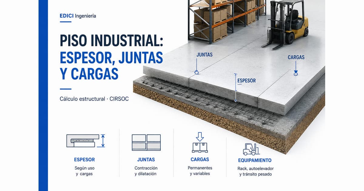 Piso industrial de hormigón: espesor, juntas y cargas de rack y autoelevador