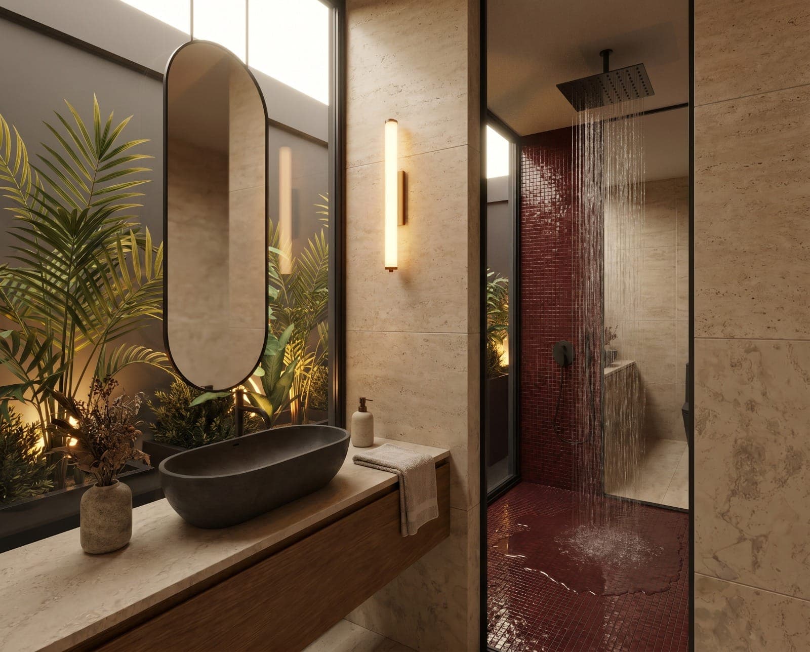Interior — la madera y la piedra le dan calidez al carácter industrial