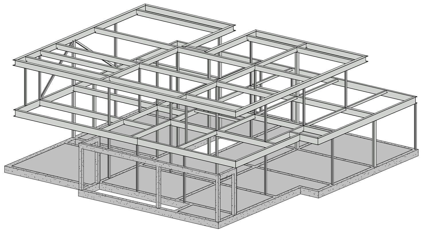 Modelo estructural — perfiles laminados en caliente W y UPN sobre platea de hormigón armado