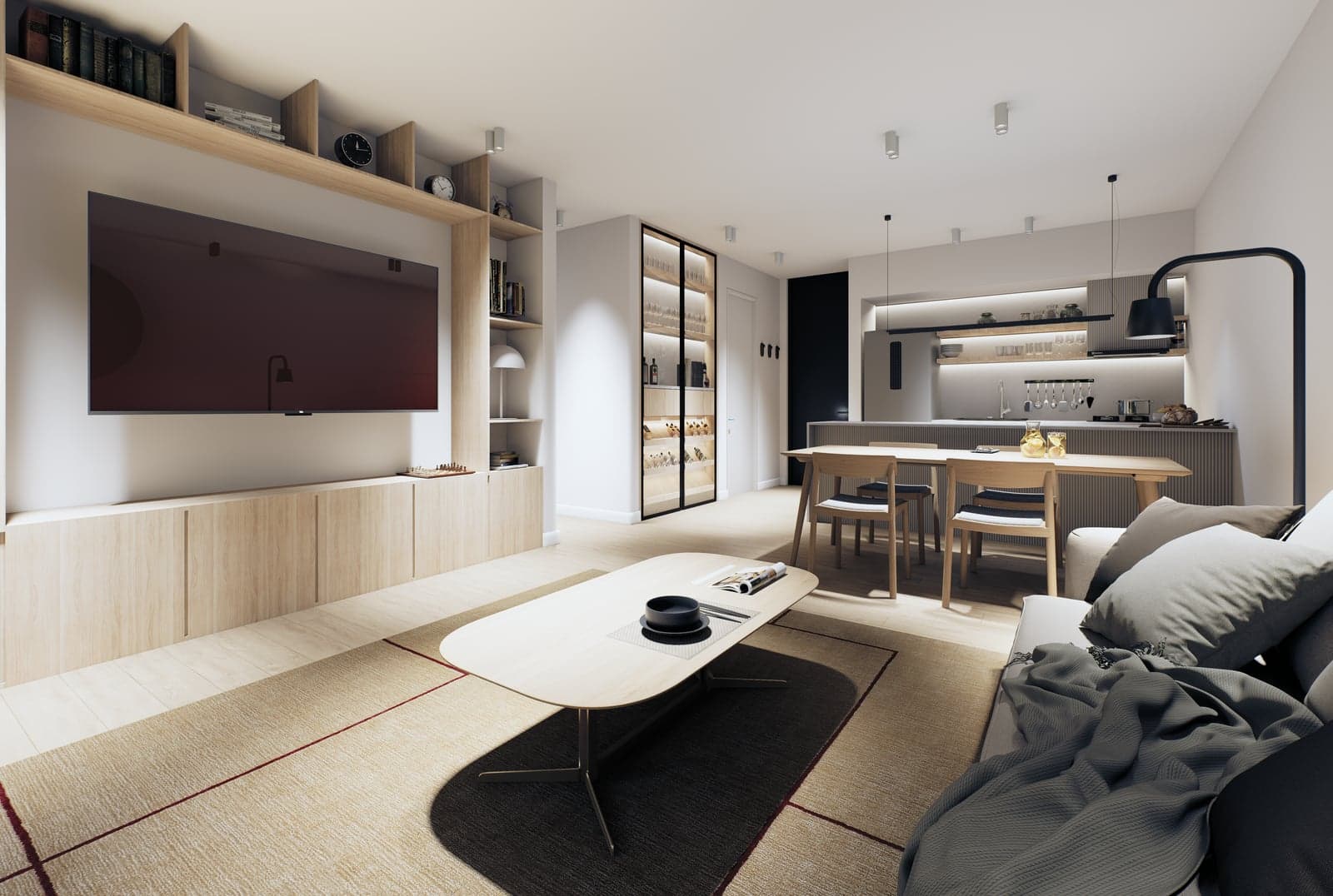 Render interior — living integrado (Carrá Lamberti Arquitectos)