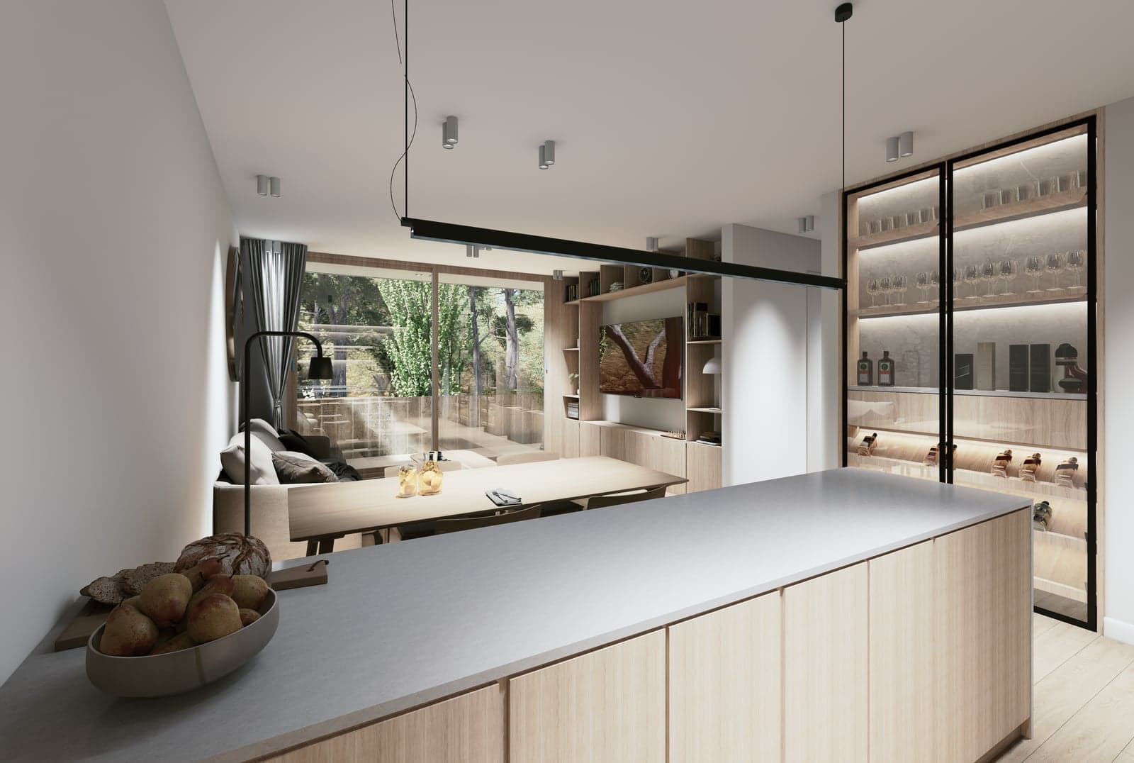 Render interior — estar y cocina (Carrá Lamberti Arquitectos)