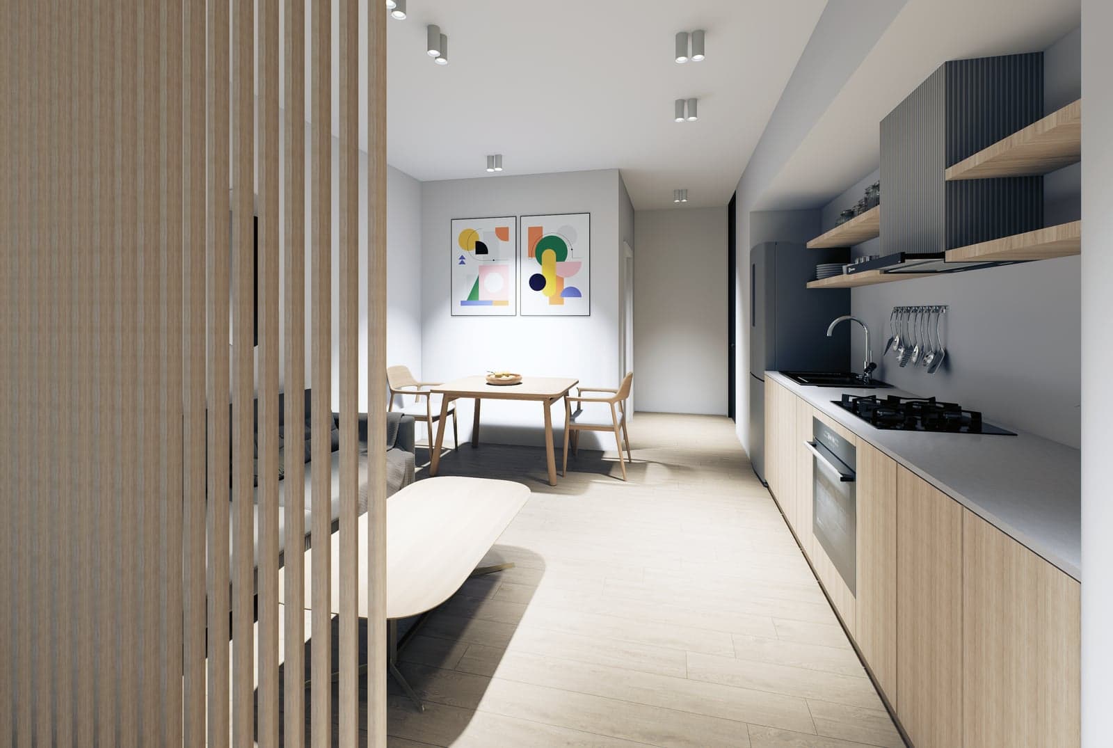 Render interior — comedor y cocina lineal