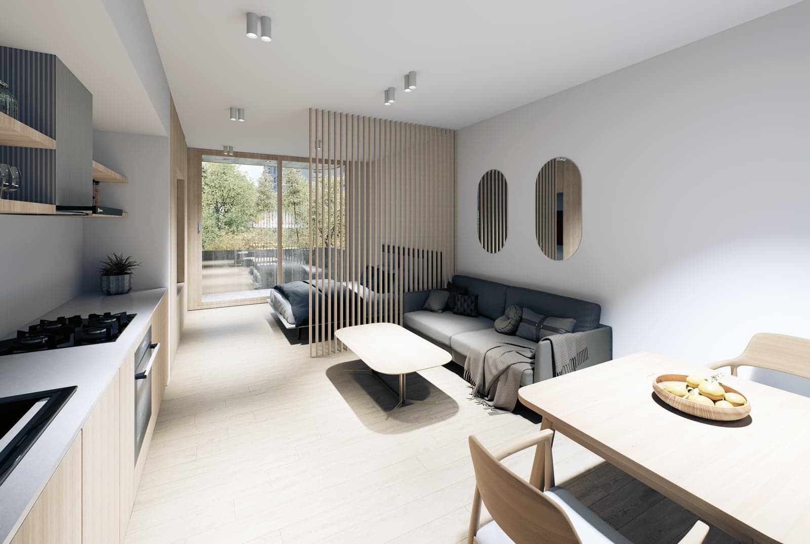 Render interior — unidad compacta con divisor de listones