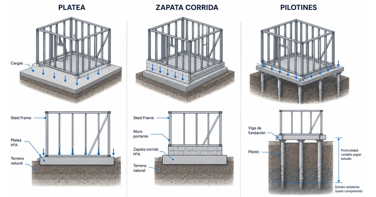 ¿Qué fundación lleva una casa de steel frame? Platea, zapata o pilotes (Argentina 2026)