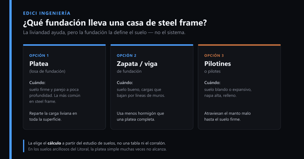 ¿Qué fundación lleva una casa de steel frame? Platea, zapata o pilotes (Argentina 2026)