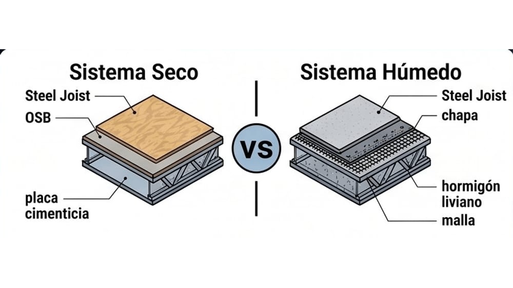 Entrepiso de steel frame: seco o húmedo, capas, espesor y detalle de apoyo (2026)