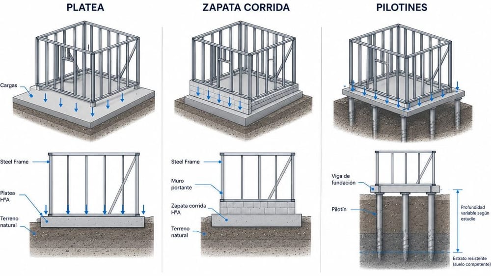 ¿Qué fundación lleva una casa de steel frame? Platea, zapata o pilotes (Argentina 2026)