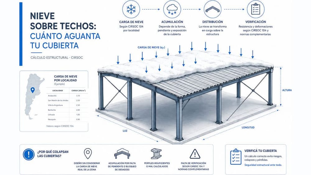 Nieve sobre techos y galpones: qué exige el CIRSOC 104 y por qué colapsan las cubiertas (Argentina 2026)