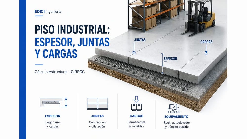 Piso industrial de hormigón: espesor, juntas y cargas de rack y autoelevador