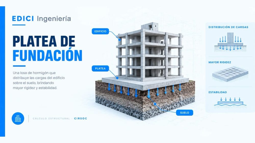 Platea de fundación de un edificio: espesor, presión sobre el suelo y balasto