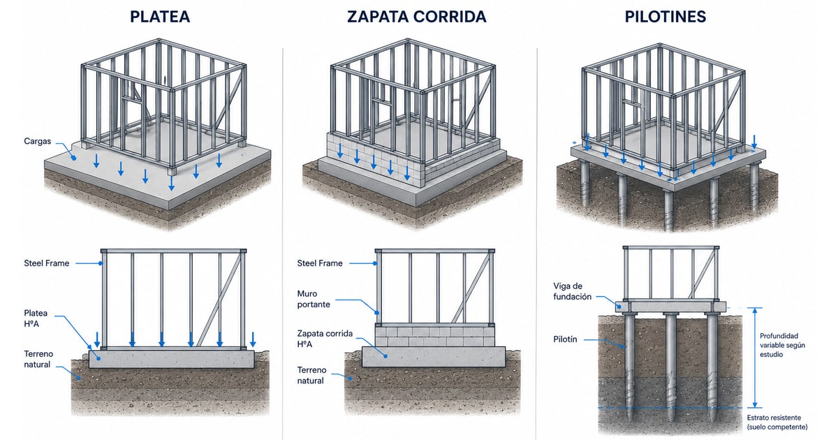 ¿Qué fundación lleva una casa de steel frame? Platea, zapata o pilotes (Argentina 2026)