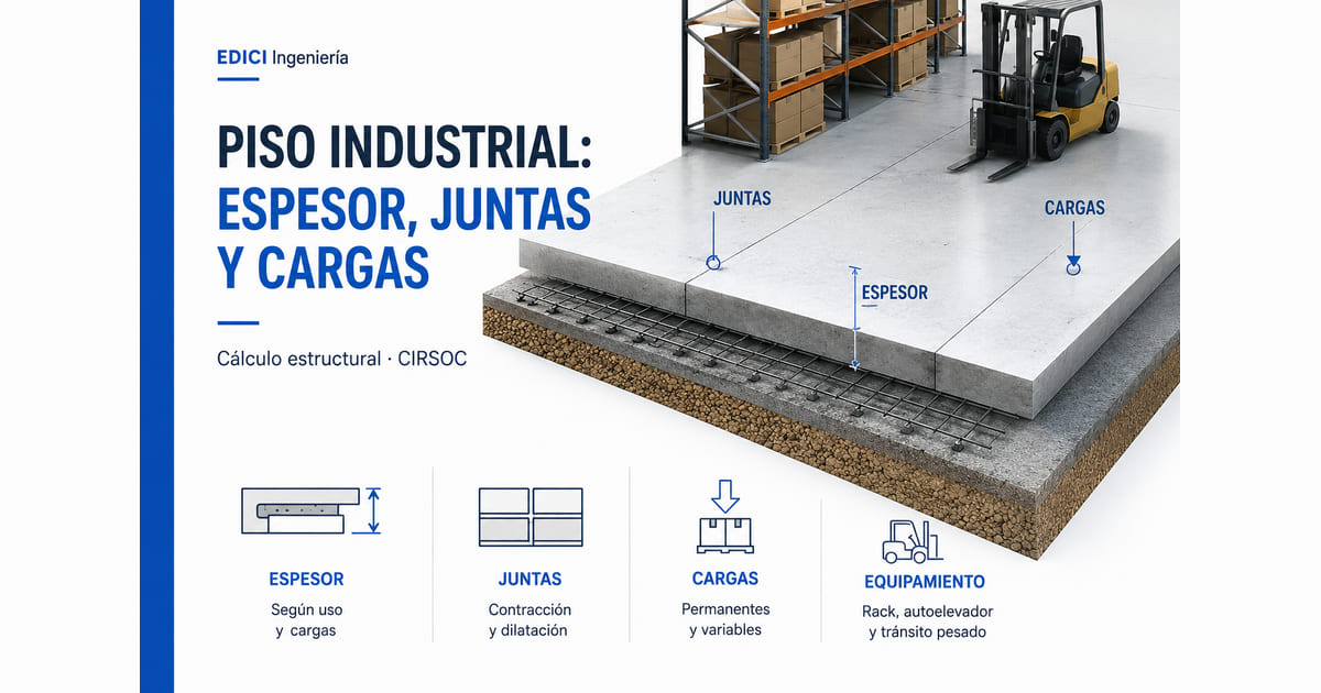 Piso industrial de hormigón: espesor, juntas y cargas de rack y autoelevador