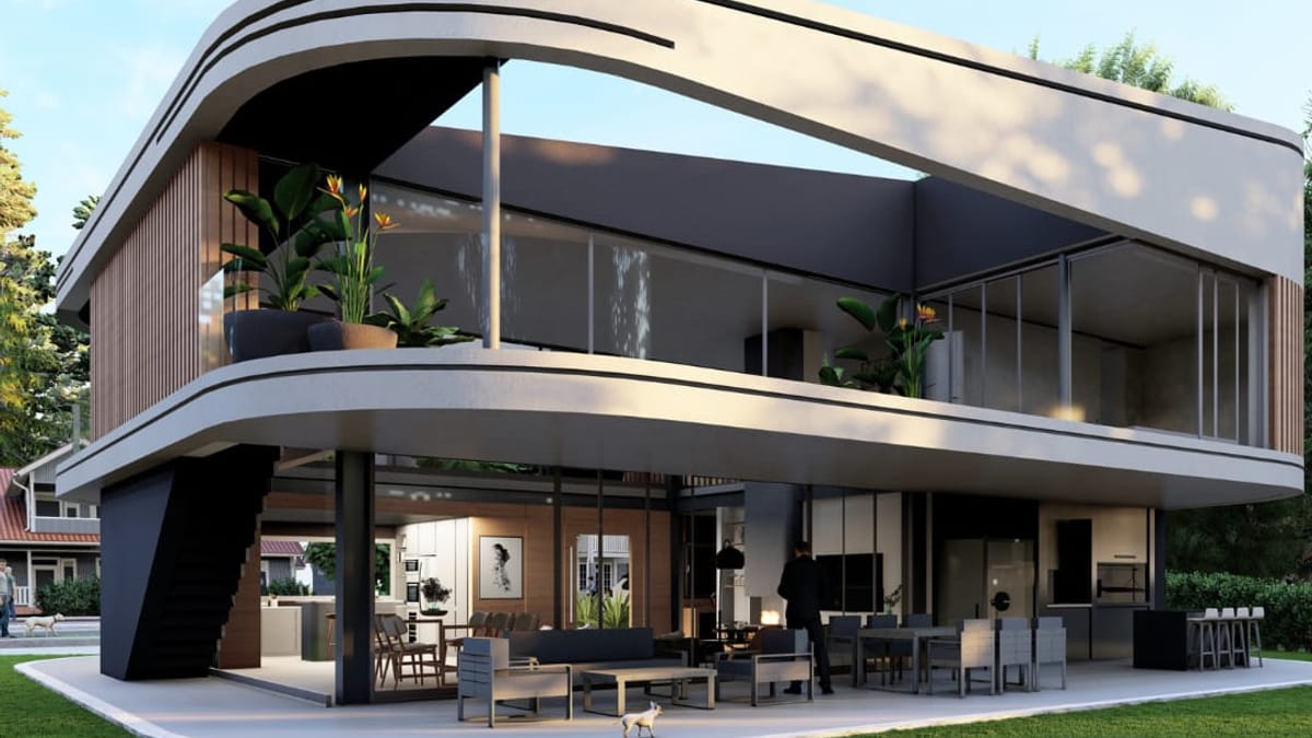 Render de vivienda con estructura de steel frame