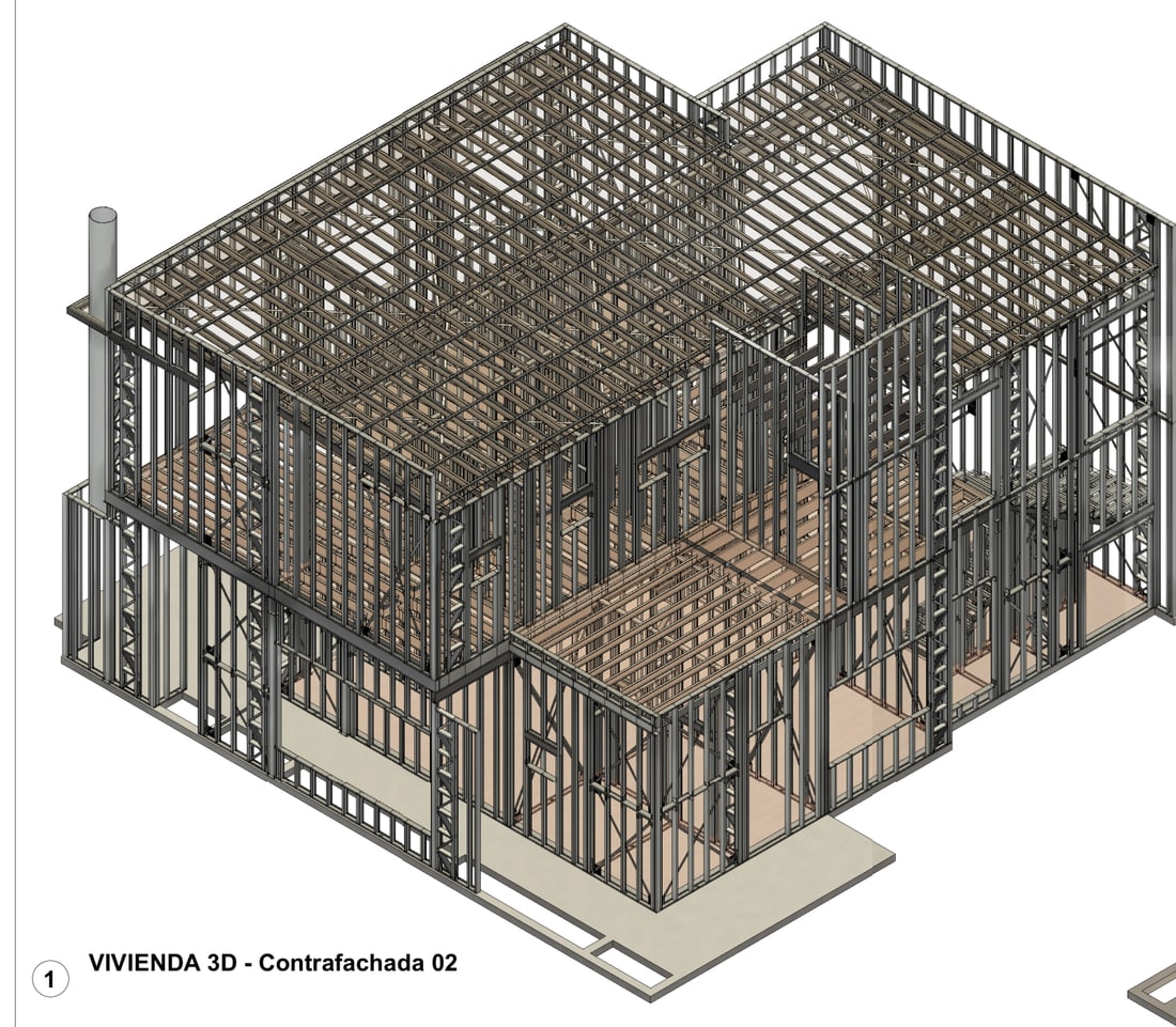 Modelo 3D completo de una vivienda de steel frame calculada por EDICI, con la escalera integrada a la estructura de paneles y entrepisos