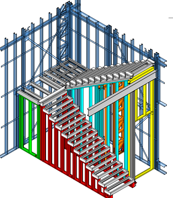 Modelo 3D de una escalera de steel frame calculada por EDICI, con la viga tubo, los escalones y los paneles de apoyo diferenciados por color, dentro de la estructura de muros