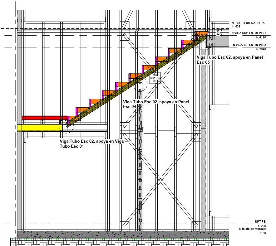 Sección de una escalera de steel frame de EDICI con los apoyos de la viga tubo indicados: apoya en viga tubo, apoya en panel del descanso